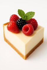 Creamy cheesecake slice garnished with vibrant red strawberries ripe raspberries dark blackberries and fresh green mint