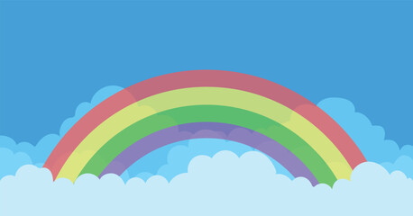 Rainbow with clouds on bright blue sky illustration