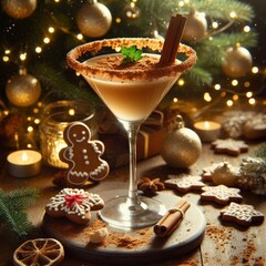 Creamy Christmas cocktail in cinnamon rimmed martini glass stick mint Gingerbread golden ornaments twinkling lights on