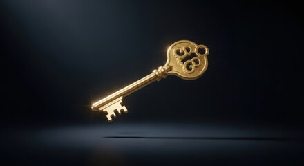Golden antique key with light effect, for mockup or icon use, Isolated on transparent background, png