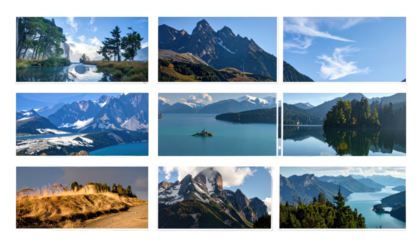 Nine landscape panels featuring mountains, lakes, and forests