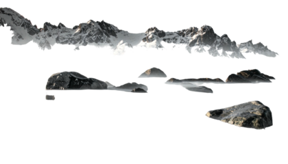 Isolated snowy mountain range and rocky outcrop components