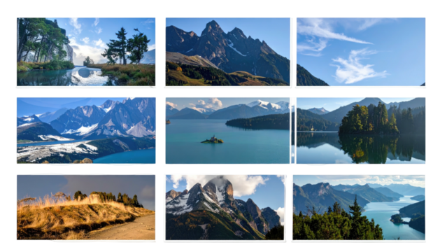 Nine landscape panels featuring mountains, lakes, and forests
