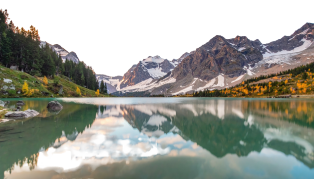 Reflective turquoise lake, mountains, trees, and snowy peaks