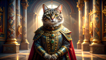 A majestic cat regal portrait in opulent Renaissance-inspired royal armor, standing grandly in a historic palace hall, embodying noble grandeur