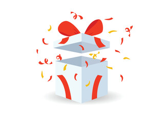White gift box with red ribbon bow and exploded confetti