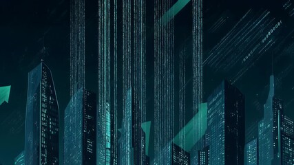 An illustration depicts a city skyline with buildings and glowing arrows pointing upwards. Teal-colored lines stream across the image - Powered by Adobe