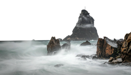 Misty sea stacks framed by rocks, surf blurred long exposure