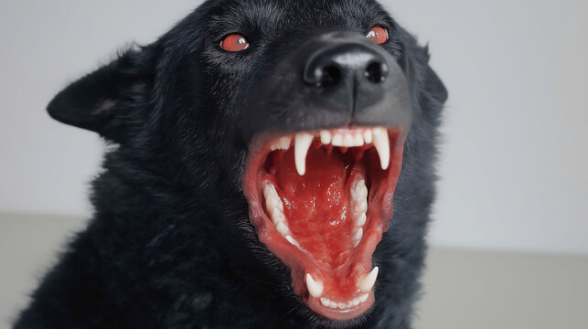 A fierce black dog snarling aggressively at the camera, with glossy fur and intense eyes, captured in hyper-realistic detail