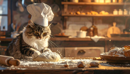 A charming tabby cat, donning a chef's hat, skillfully kneads dough in a warm, inviting kitchen, bathed in soft, golden-hour light