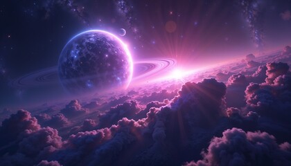 Fototapeta premium A vibrant cosmic scene featuring a large planet with rings, surrounded by colorful clouds and distant stars. The atmosphere is filled with purple and pink hues.