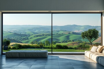 Fototapeta premium Scenic Living Room View Of Green Hills