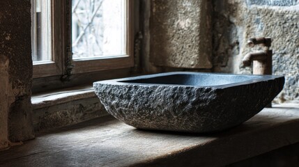 Rustic stone sink by window, rough texture, natural light, against stone wall