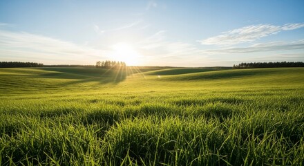 Obraz premium Serene Green Field under Sunlight - Lush green grass field bathed in soft sunlight symbolizes growth, peace, tranquility, hope, and renewal under a clear sky