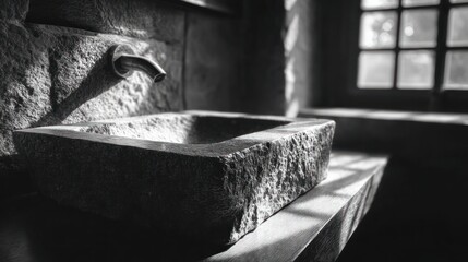 Stone bathroom sink area with natural light from window, dark and moody, monochrome