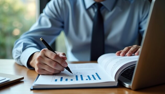 A man in a blue shirt and black tie writes notes in a notebook while analyzing graphs on a desk. A laptop and a smartphone are visible nearby.
