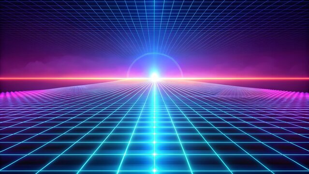 Abstract neon grid tunnel with glowing light and futuristic sci fi atmosphere