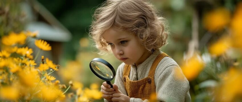 A little child using a magnifying lens to study bees in a bright backyard