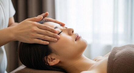 Fototapeta premium Asian Woman Receiving Facial Massage at a Spa Relaxing Beauty Treatment for Healthy Skin Wellness and Self Care Concept Pampering in a Tranquil Setting Close Up
