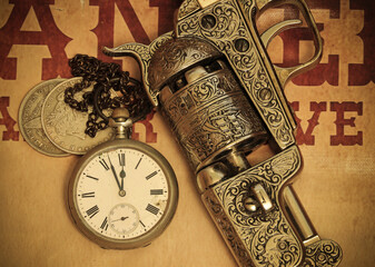 old west revolver and antique pocket watch on a wanted poster