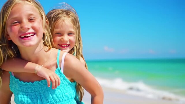 Joyful young caucasian sisters, one with sun-kissed blonde hair, give piggyback ride on sunny tropical beach. Eye-level video with bokeh. Concept of childhood joy