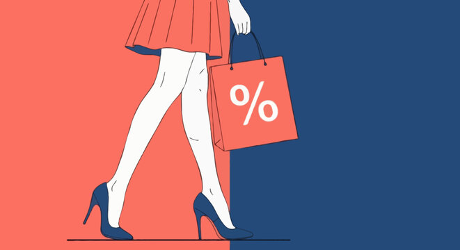 Flat vector of woman legs in heels carrying shopping bag with percent symbol, coral and blue color blocks, minimalist composition for fashion or boutique sale poster