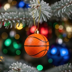 Basketball Christmas ornament hanging on a flocked tree with bokeh lights.