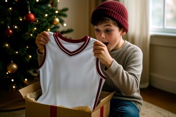 Surprised boy opening a basketball jersey gift on Christmas morning.