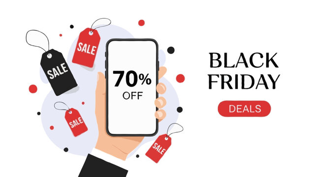Flat vector illustration for Black Friday sale promotion, faceless hand holding a smartphone showing a “70% OFF” discount