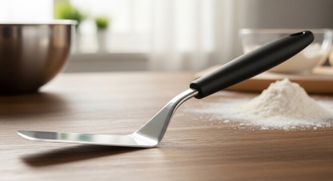 Spatula and Flour on a Table - A spatula lays next to a pile of flour on a wooden table. Cooking ingredients and utensils are present in the scene