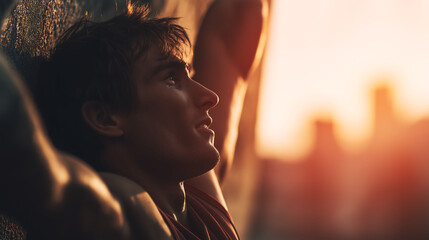 Emotional athlete doing parkour against urban backdrop at sunset, with desaturated tones