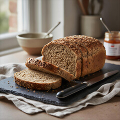 Hearty seeded loaf of bread sliced on a slate board