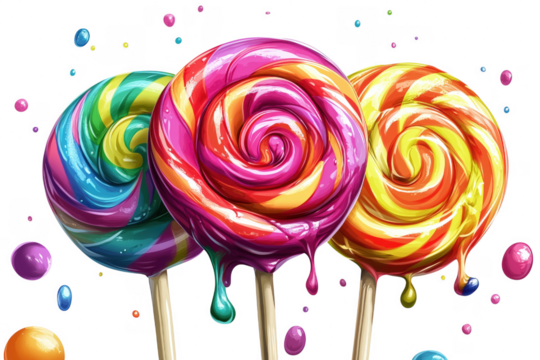 Swirled Lollipops Dripping Candy isolated on a transparent background