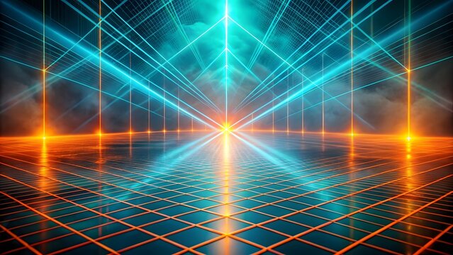Abstract futuristic digital grid with glowing neon blue and orange light beams