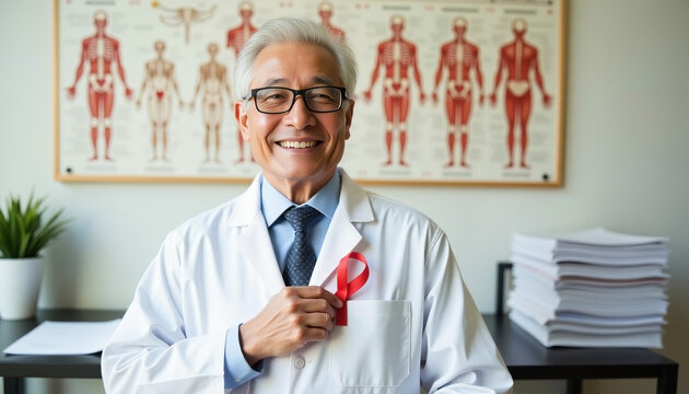 Smiling doctor in white coat with red ribbon holding medical chart in modern office environment - Powered by Adobe