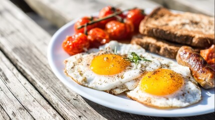 Delicious breakfast with eggs tomatoes and toast outdoor setting food photography natural light