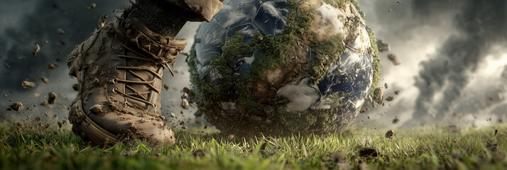 Close-up and bottom view of a Hyper-Realistic Image of an Earth globe as a damaged soccer ball being kicked, highlighting the environmental abuse and careless treatment of our planet. Generative Ai.