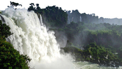 Massive waterfall cascading down from lush green cliffs