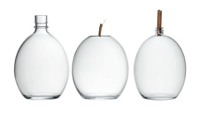 Three clear glass bottles/vessels, different shapes