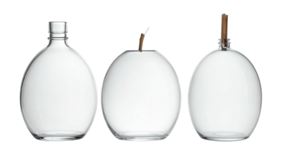 Three clear glass bottles/vessels, different shapes