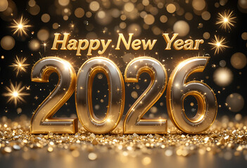 Happy New Year 2026 icon surrounded by stars and sparkles,
