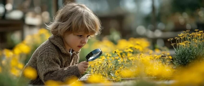 A little child using a magnifying lens to study bees in a bright backyard