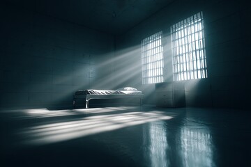 Stark interior of a dim, solitary confinement room illuminated by intense daylight rays through barred windows