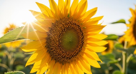 Obraz premium Vibrant Sunflower Field Bathed in Sunlight - A bright sunflower captures the essence of summer, radiating warmth and vitality, symbolizing joy, growth, and the beauty of nature