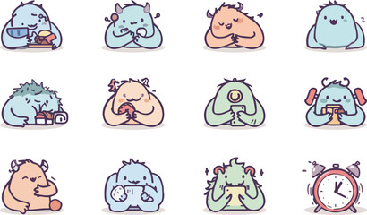 lazy monster moments funny cartoon icon set