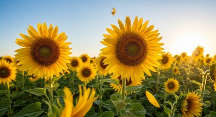Fototapeta premium Vibrant Sunflower Field Under Sunny Sky - A bright field of sunflowers basking in sunlight, symbolizing joy, warmth, nature's beauty, and the simple pleasures of summer