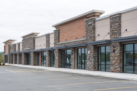 Row of newly constructed commercial storefronts features mixed facade materials and empty parking lot