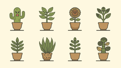 emotional flora cute plants with feelings icon set