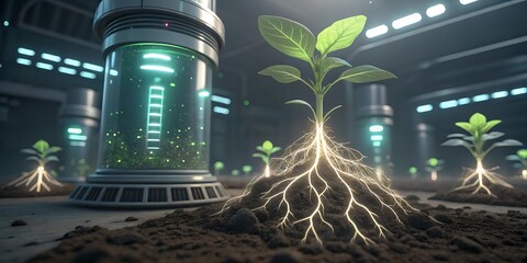 Futuristic indoor vertical farm with glowing roots and advanced plant growth technology.