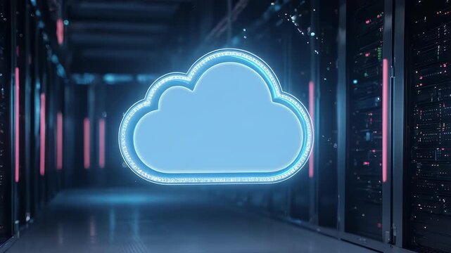 Server room with central pink cloud icon, surrounded by glowing neon edges, representing data storage